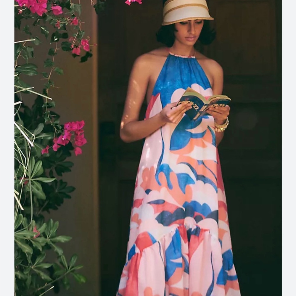 Anthropologie Maeve Floor Length Flounced Halter Maxi Dress - Blue and Pink
